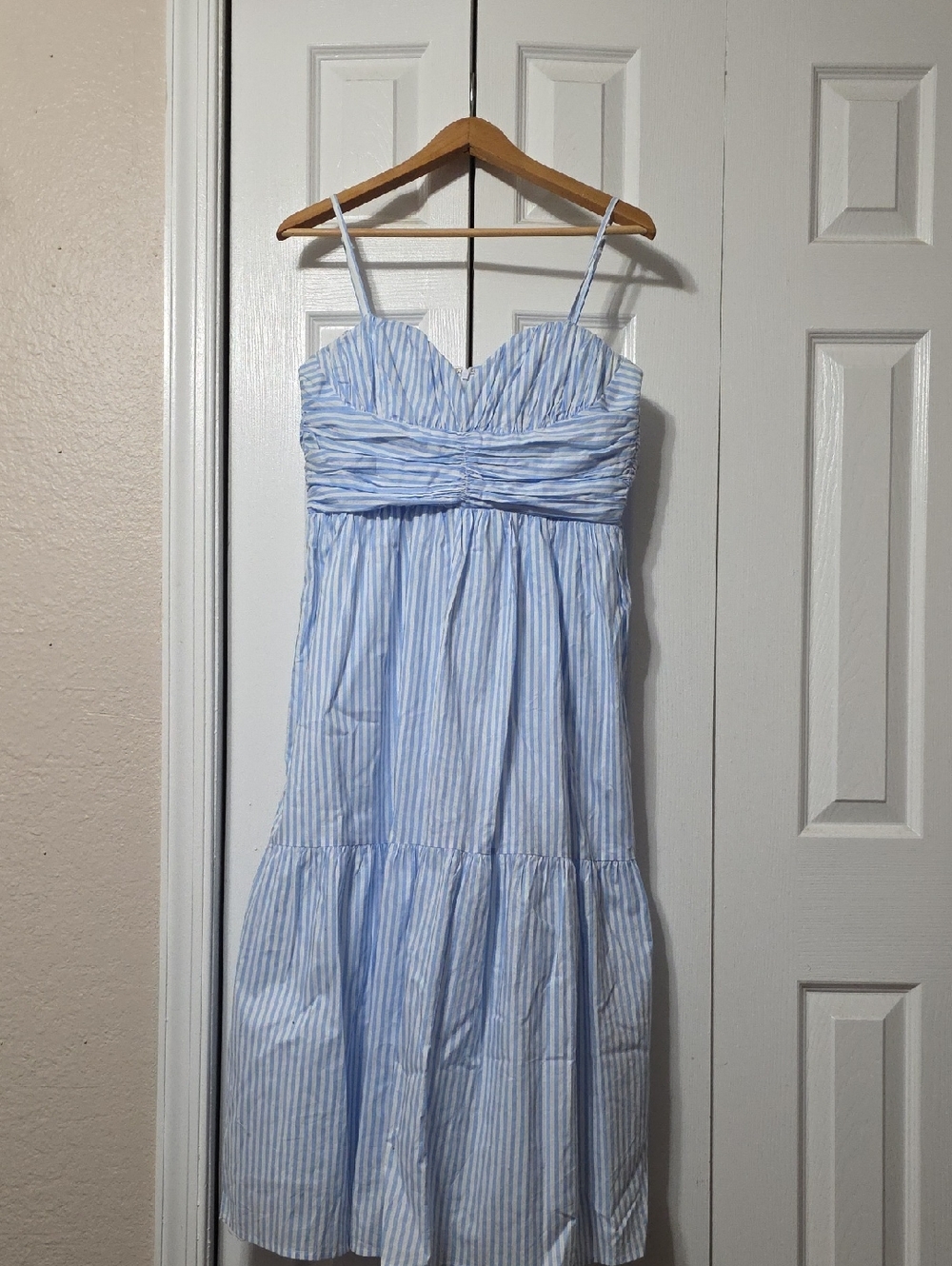 Light Blue Striped Midi Sundress with Spaghetti Straps
